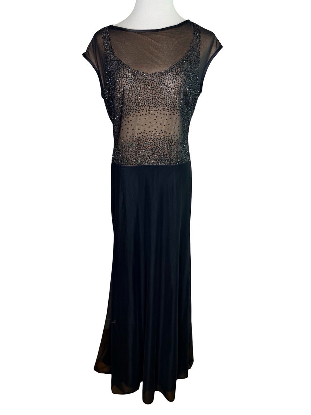 Tadashi Black Illusion Beaded Evening Gown Size XL NWT Cap Sleeve Vintage